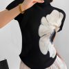 Short Sleeves Skinny Flower Print High Neck T-Shirts Tops