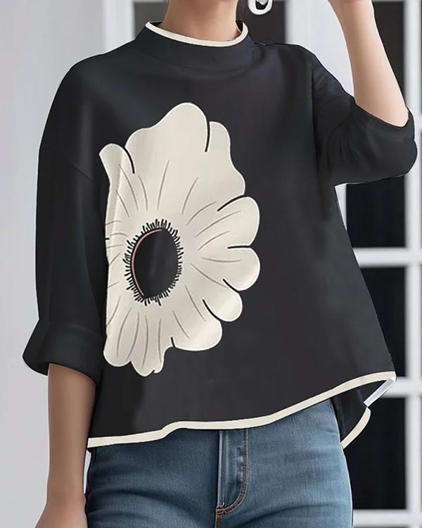 A-line High-low Flower Print Mock Neck T-Shirts Tops