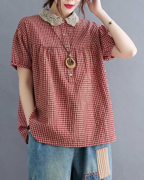 Cotton Blend Plaid Polo Puff Sleeve T-Shirts Tops