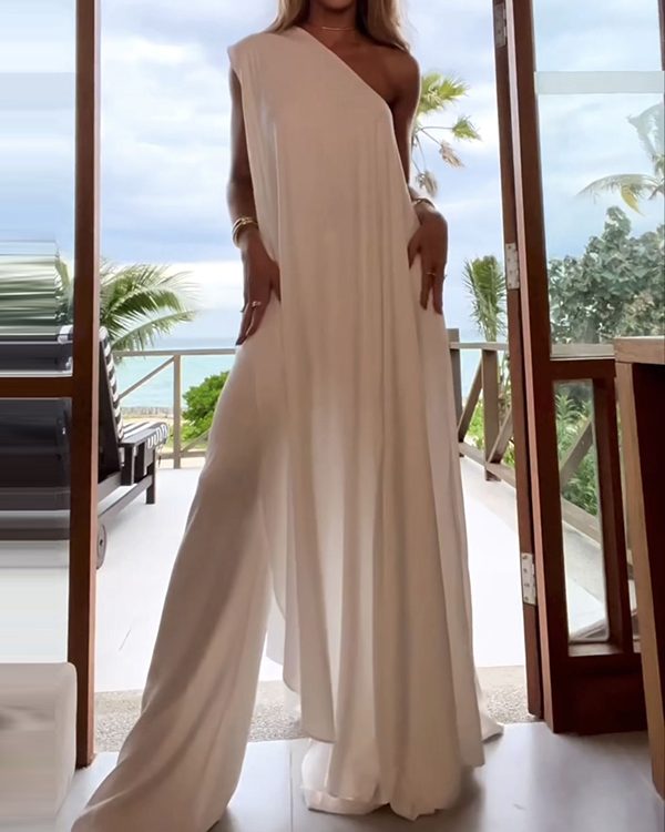 Wide Leg Asymmetric Solid Color One-Shoulder Jumpsuits