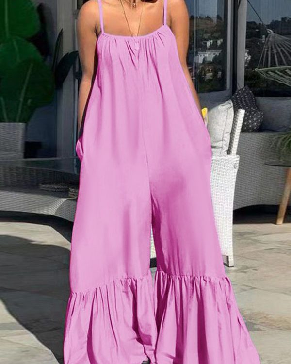 Loose Sleeveless Pleated Pockets Solid Color Split-Joint Spaghetti-Neck Jumpsuits