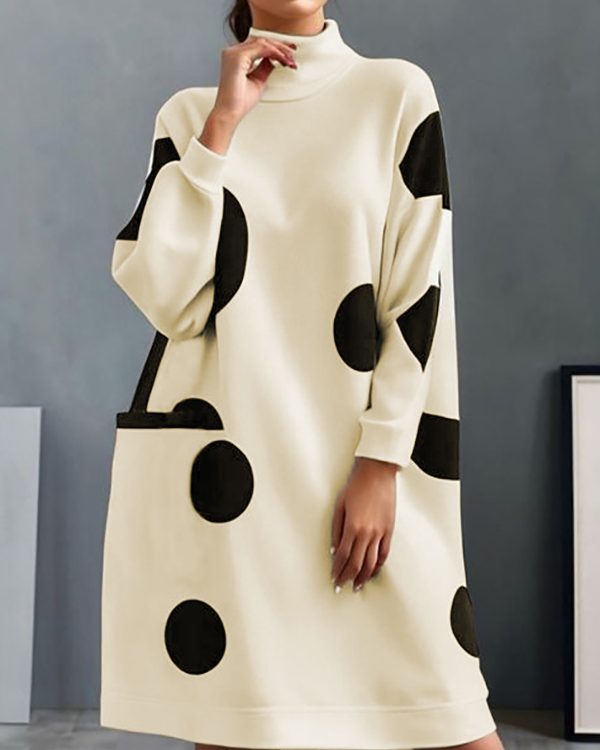 Long Sleeves Loose Pockets Polka-Dot Mock Neck Midi Dresses