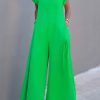 High Waisted Loose Pleated Pockets Solid Color V-Neck Jumpsuits