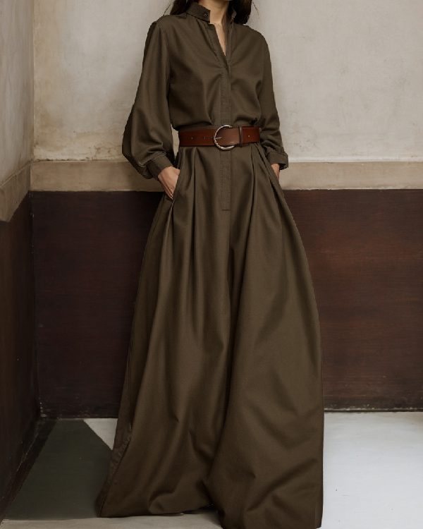 Long Sleeves Loose Buttoned No Belt Solid Color V-neck Jumpsuits