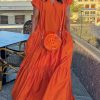 Loose Short Sleeves Pleated Pockets Solid Color Split-Joint V-Neck Maxi Dresses