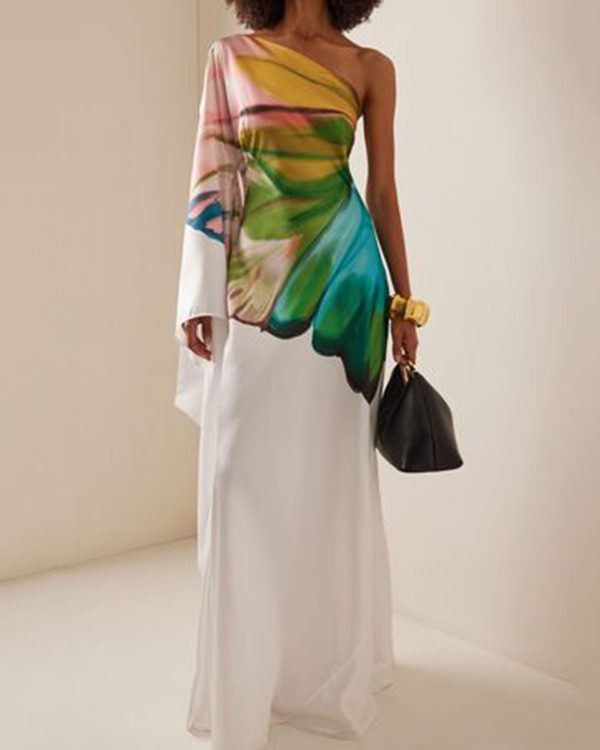 Long Sleeves Loose Asymmetric Flower Print One-Shoulder Maxi Dresses