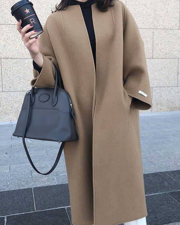 Long Sleeves Loose Solid Color Collarless Woolen Coat