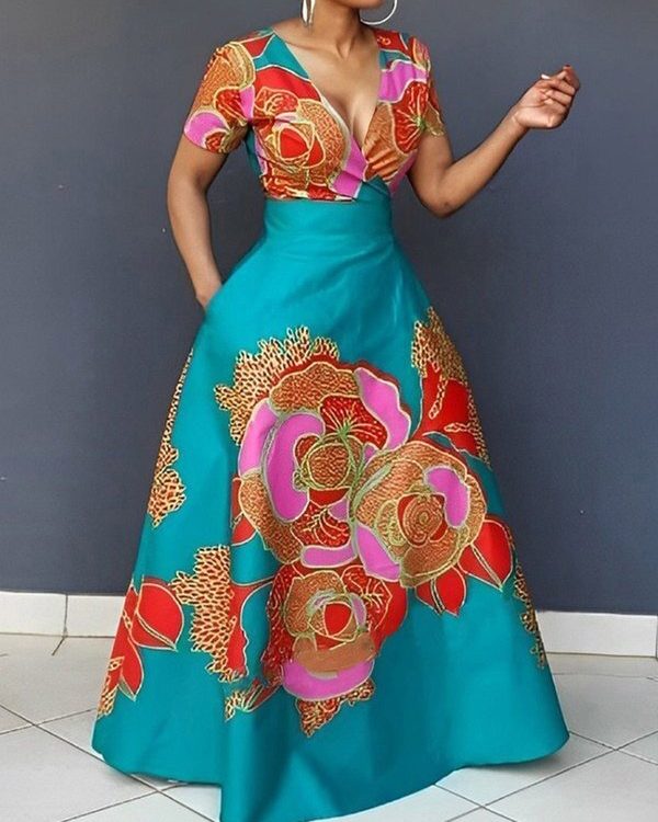 A-Line Loose Floral Printed Split-Joint Deep V-Neck Evening Dresses Maxi Dresses