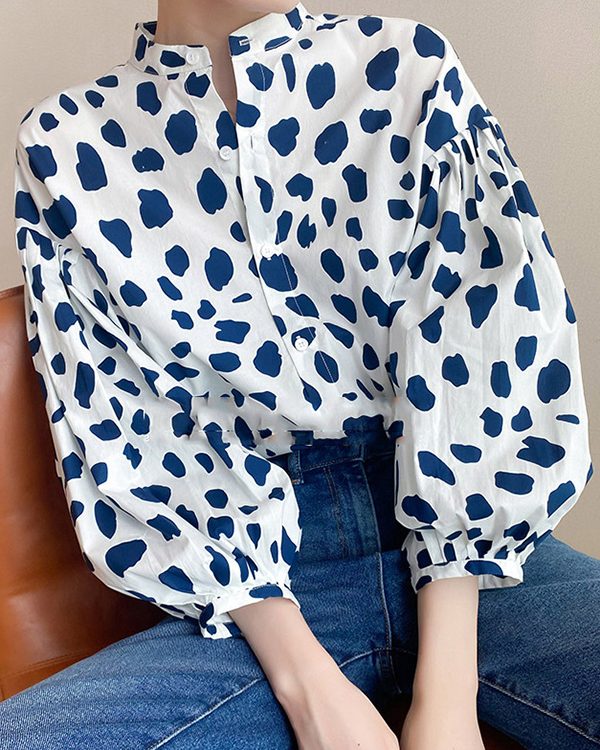 Loose Puff Sleeves Pleated Polka-Dot Split-Joint Stand Collar Blouses