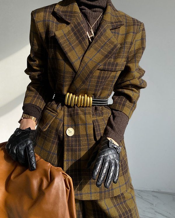 Plaid Split-Joint Lapel Jackets Woolen Coat