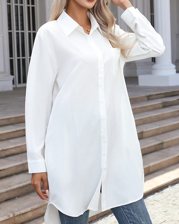 High-Low Irregular Clipping Solid Color Split-Joint Lapel Blouses