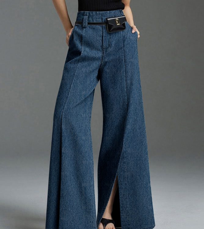 Wide Leg No Belt Solid Color Split-Front Jean Pants Bottoms Trousers