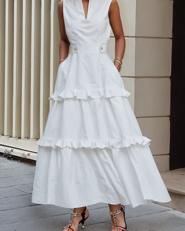 A-Line High Waisted Buttoned Pleated Pockets Solid Color Split-Joint V-Neck Maxi Dresses