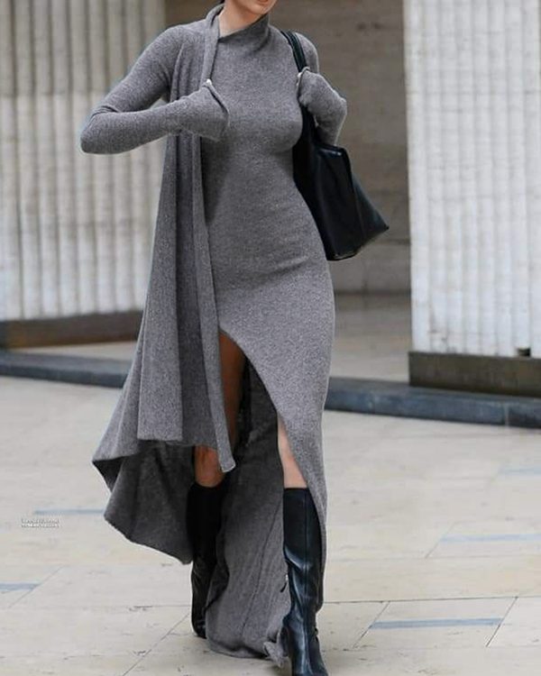 Irregularity Long Sleeves Asymmetric Solid Color Split-Side Maxi Dresses