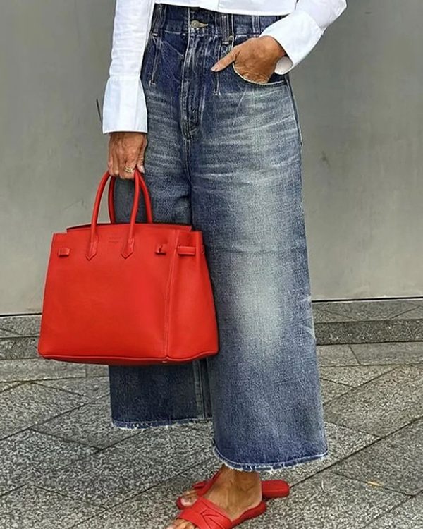 Loose Wide Leg Buttoned Fringed Pockets Jean Pants Bottoms