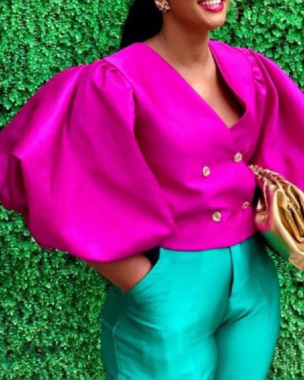 Stylish V-Neck Puff Sleeves Fuchsia Blouse