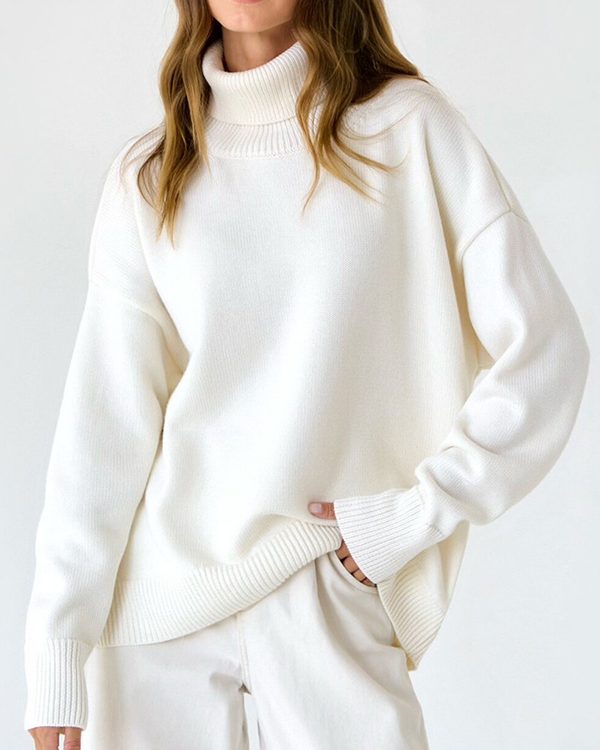 Long Sleeves Loose Solid Color High Neck Knitwear Pullovers Sweater Tops