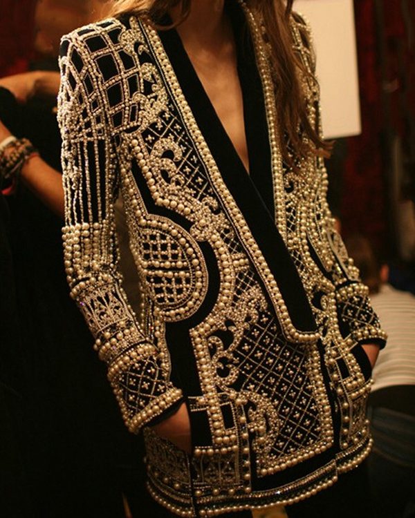 Long Sleeves Loose Beads Printed V-Neck Blazer Outerwear