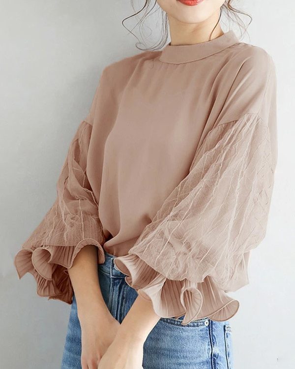 Simple Solid Color Puff Sleeve Mesh Splicing Chiffon Shirt