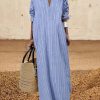 Long Sleeves Striped Lapel Maxi Dresses