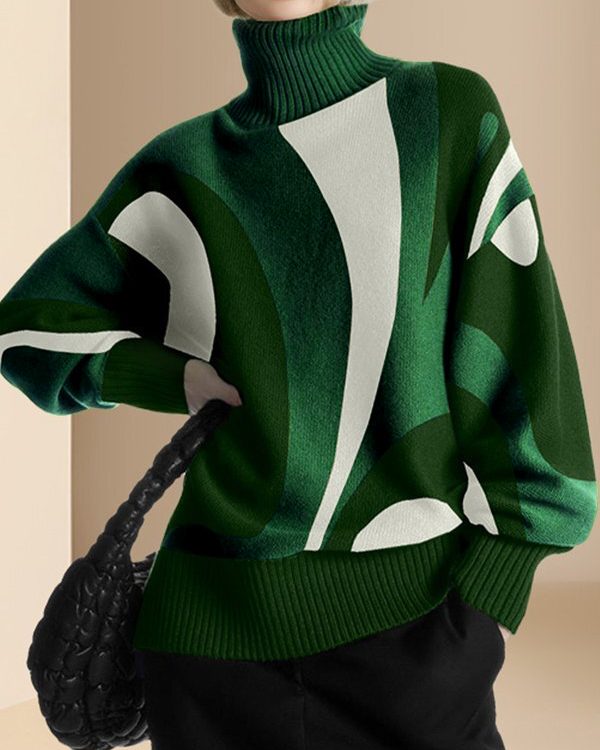 Long Sleeves Loose Contrast Color Split-Joint High Neck Pullovers Sweater Tops