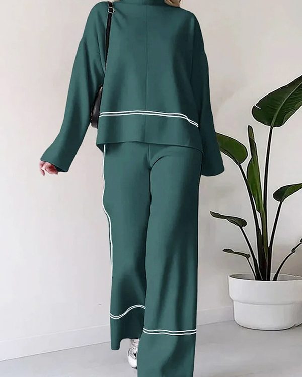 High-Low Contrast Color Split-Side Round-Neck Sweater Top + High Waisted Pants Bottom Two Pieces Set
