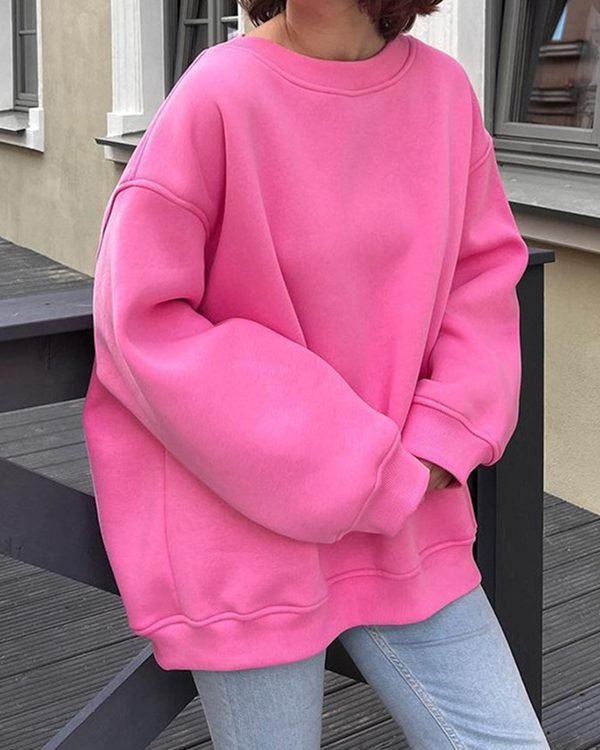 Long Sleeves Loose Solid Color Round-Neck Sweatshirt Tops