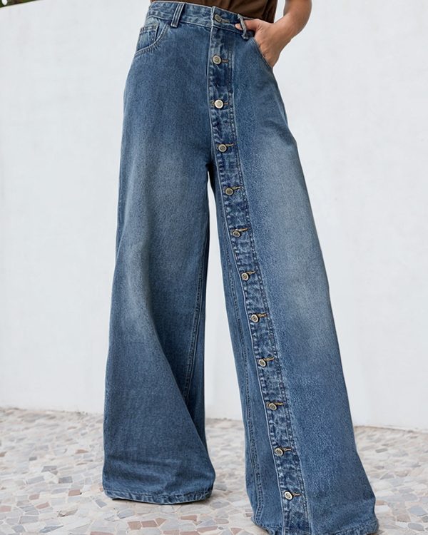 High Waisted Loose Buttoned Pockets Jean Pants Bottoms