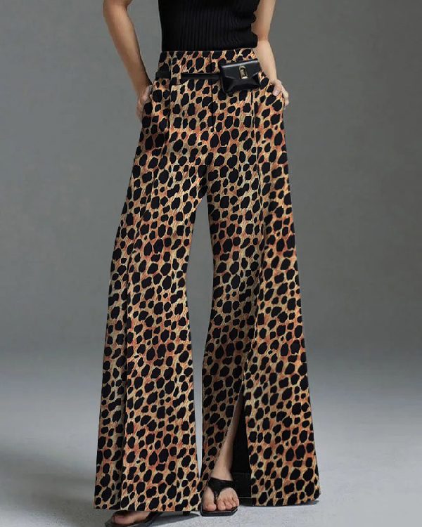 Loose Wide Leg Leopard Split-Front Casual Pants Bottoms Trousers