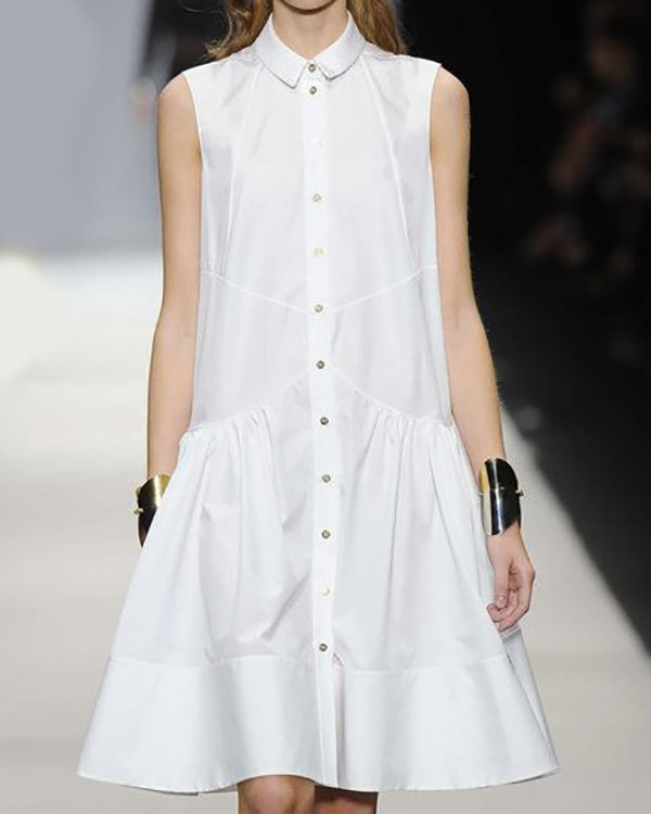 A-line Loose Buttoned Pleated Solid Color Lapel Mini Dresses