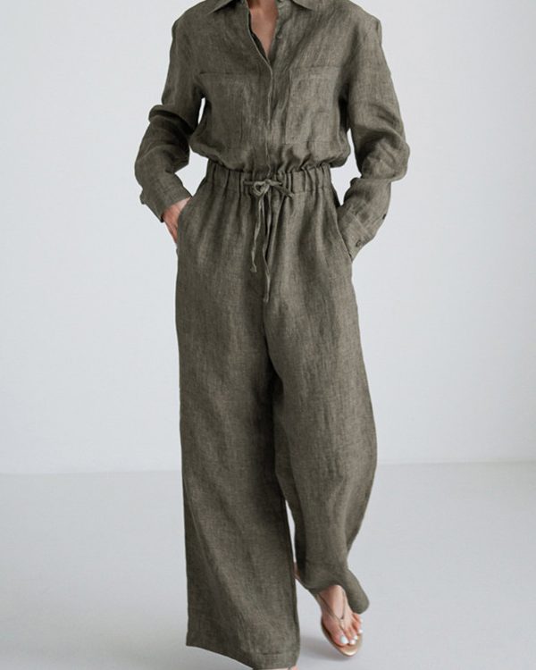 Urban Linen Drawstring Elastic Waisted Wide Leg Long Sleeves Jumpsuits