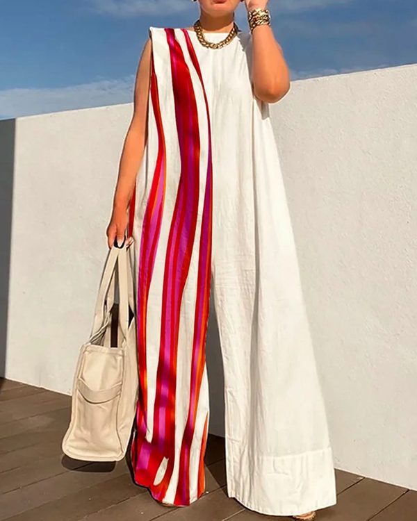 Sleeveless Wide Leg Contrast Color Printed Shoulder Pad Striped Jumpsuits