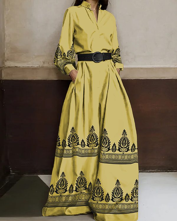 Long Sleeves Loose Buttoned Pleated Pockets Printed Stand Collar Jumpsuits