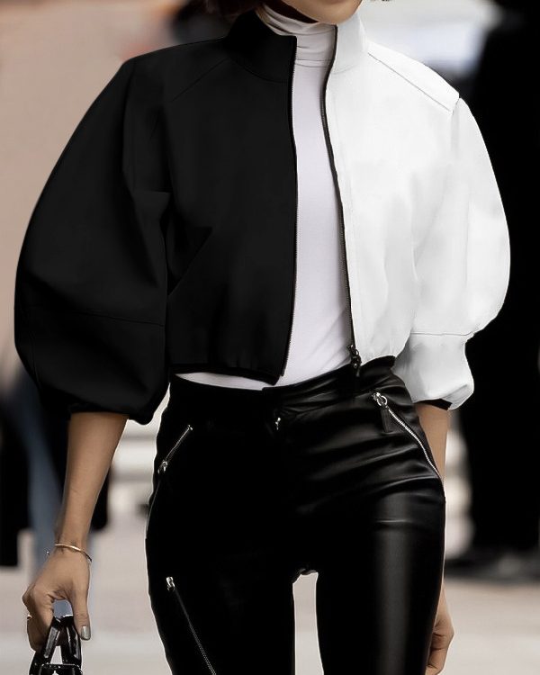 Loose Puff Sleeves Contrast Color Split-Joint Stand Collar Outerwear