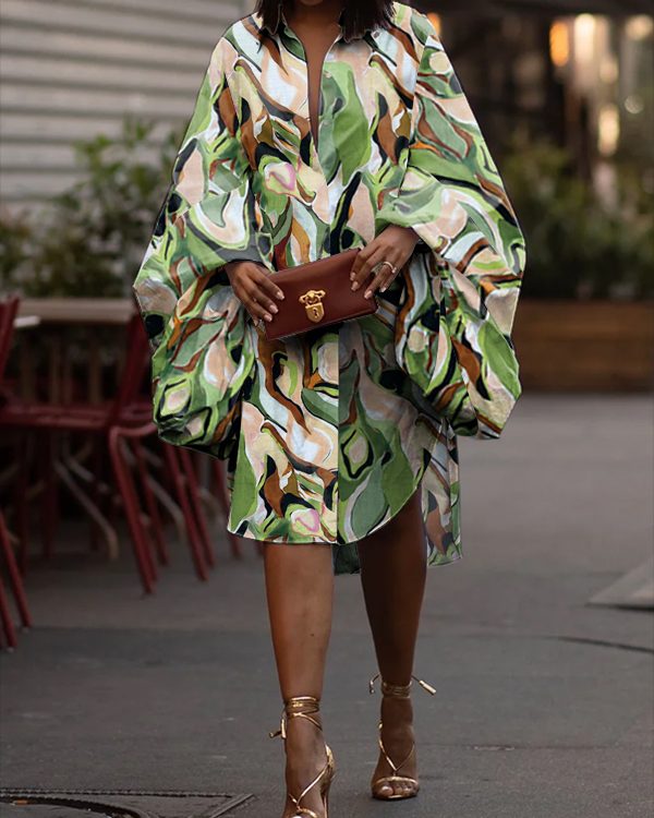 Long Sleeves Loose Buttoned Elasticity Printed Lapel Midi Dresses Shirt Dress