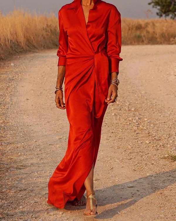 Long Sleeves Loose Solid Color Lapel Collar Maxi Shirt Dresses