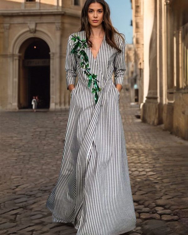 A-Line Loose Asymmetric Split-Joint Striped V-Neck Maxi Dresses Shirt Dress