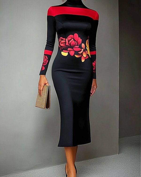 Bodycon Long Sleeves Flower Print High Neck Midi Dresses