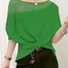 Loose Raglan Sleeve Asymmetric Knot Mesh Split-Joint Round-neck T-Shirts Tops