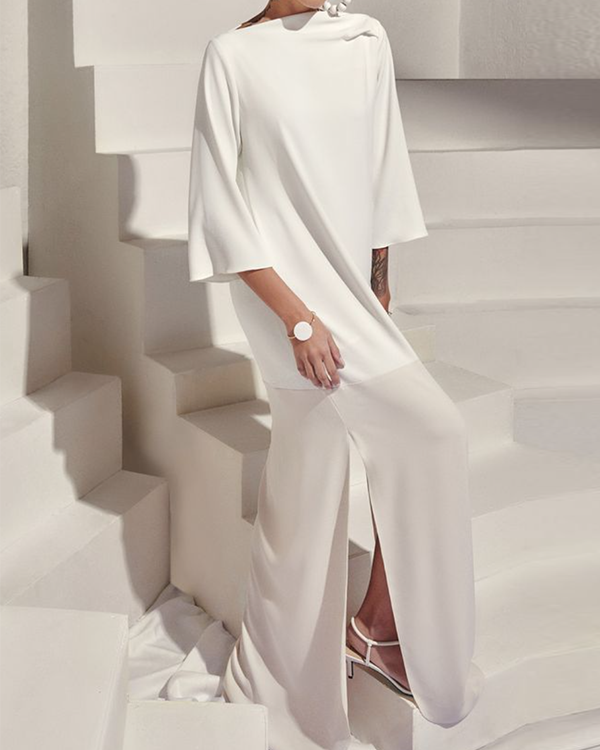 Loose Three-Quarter Sleeves Solid Color Split-Side Boat Neck Maxi Dresses