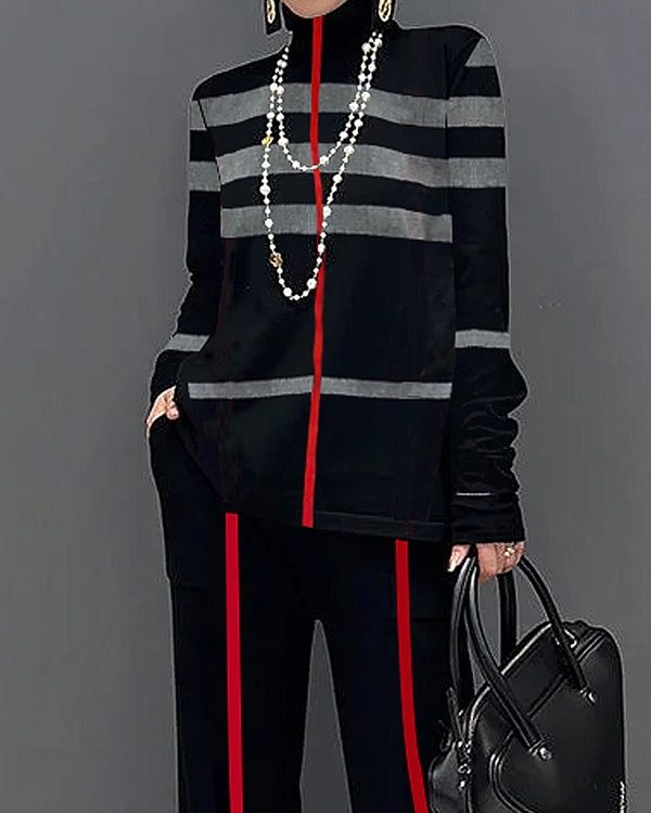 Long Sleeves Loose Striped High Neck T-Shirts Tops