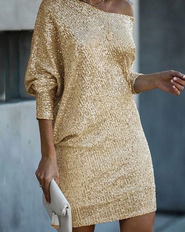 A-Line Loose Asymmetric Sequined Solid Color One-Shoulder Mini Dresses