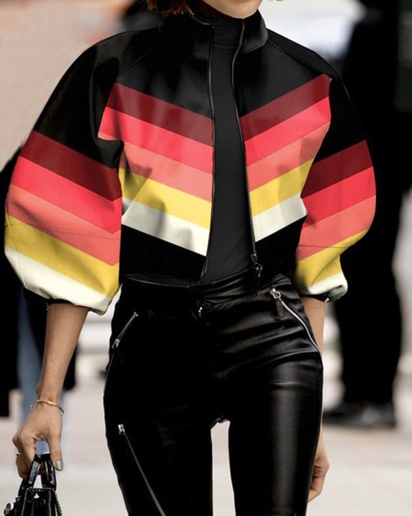 Long Sleeves Loose Contrast Color Zipper Stand Collar Outerwear