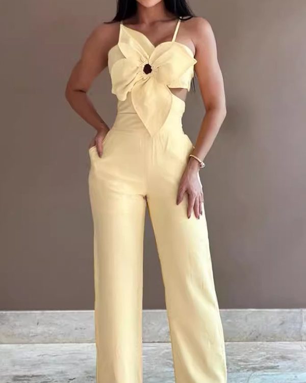 Bodycon High Waisted Elasticity Flower Shape Hollow Pockets Solid Color Tied Spaghetti-Neck Jumpsuits