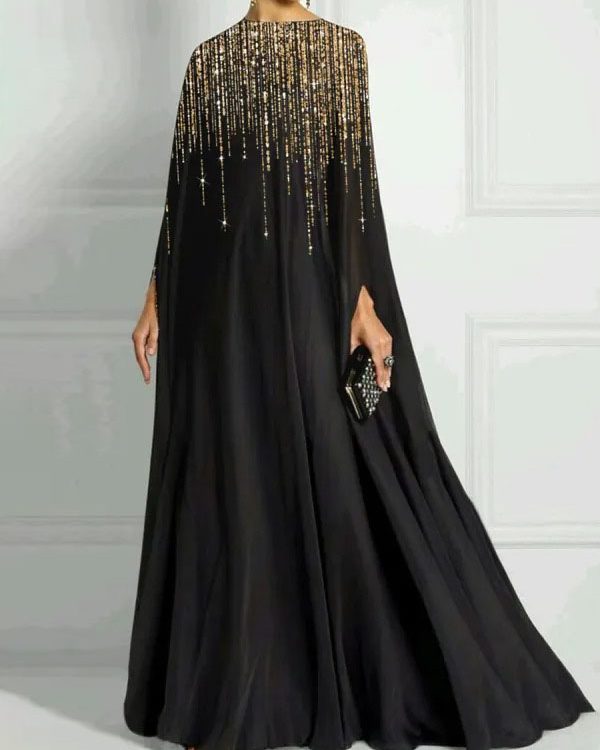 Long Sleeves Loose Rhinestone Round-Neck Maxi Dresses