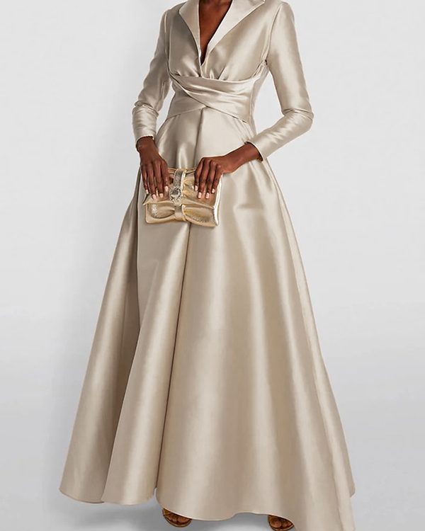 A-Line High Waisted Pleated Solid Color V-Neck Maxi Dresses