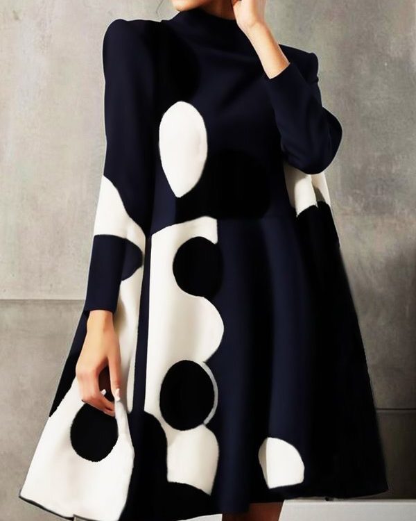 A-Line Long Sleeves Polka-Dot Split-Joint Mock Neck Mini Dresses