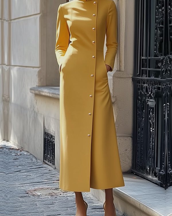 Long Sleeves Loose Buttoned Pockets Solid Color Split-Joint Stand Collar Maxi Dresses